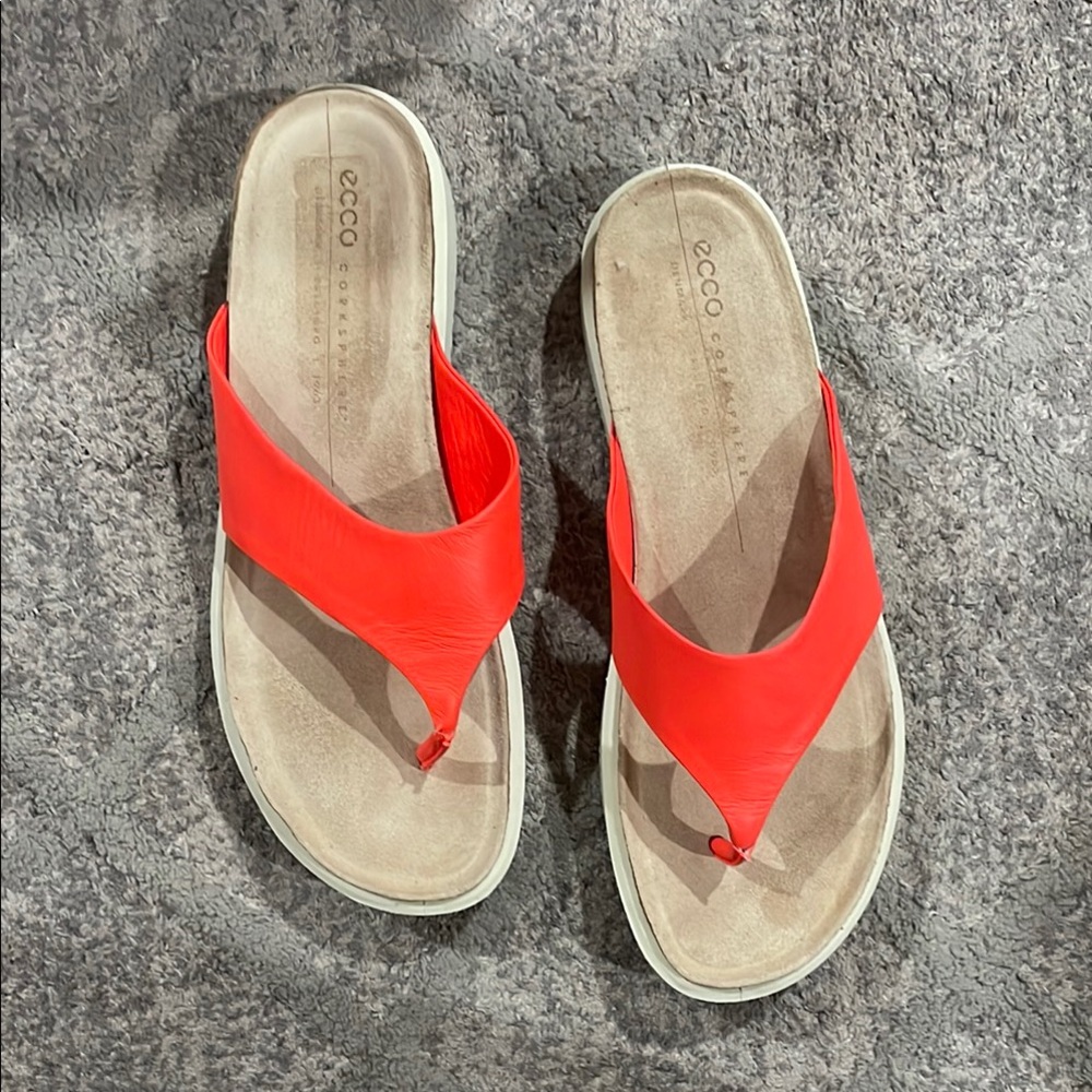 ECCO Women's Bright Neon Orange Cork and Leather Thong Corksphere Sandals